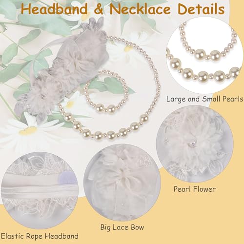 Girls Flower Lace Fall Dress - Toddler Easter Dresses with Headband Pearl Jewelry Set Kids Boho Dress for Wedding Size 7-82