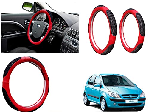 Image of Microfiber Car Steering Wheel Cover, Soft Padding Great Hand Feel, Anti-Slip, Faux Leather Steering Cover for Hyundai Getz | Black Red Jali - Pack of 1