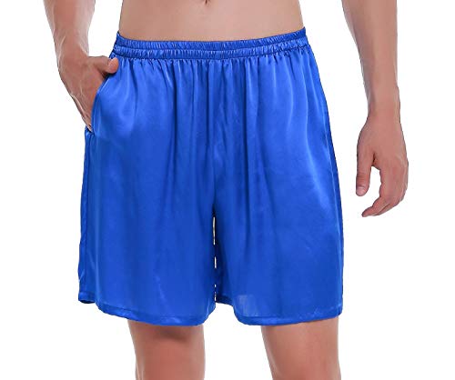 LEPTON 100% Mulberry Silk Shorts for Men, Silk Boxers Sleepwear, Relaxed Fitness Wear, Front Pockets, Elastic Waist (Royal Blue, M)