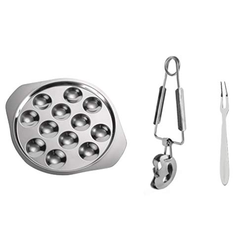 Yardwe 3 Stücke Meeresfrüchte Werkzeug Set mit Zange Gabel und 12 Löcher Schneckenpfanne Schneckenschale Schnecken Pfanne Escargot Teller Edelstahl Speisenteller für Hotel Restaurant Cover