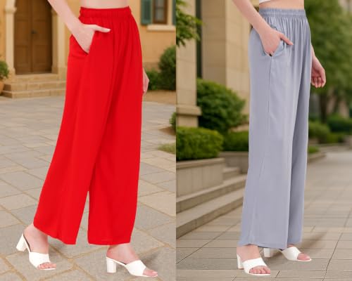 Image of Buy That Trendz Palazzo Pants for Women Rayon Elasticated Regular Fit Flared Wide Leg M to 6XL Pack of 2