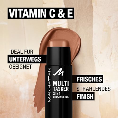Manhattan Multi-Tasker 3-In-1 Bronzing Stick, cremiger Bronzer mit lichtreflektierenden Pigmenten, warm-schimmerndes Finish, vegane Formel, 4,5 g, Fb. 002, Medium