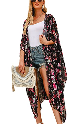 Hibluco Women s Long Floral Kimono Printed Cardigan Sheer Swimsuit Cover Ups