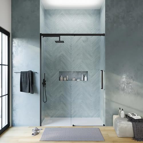 Box Doccia Porta Nicchia 150cm Apertura Scorrevole Vetro Temperato Trasparente 8mm Anticalcare Installazione Reversibile Profili In Alluminio Nero Opaco Altezza 195cm