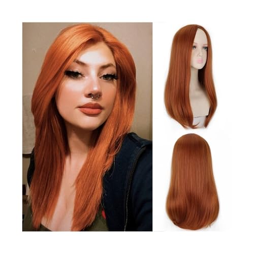 Perruques cheveux humains synthétiques cheveux raides orange