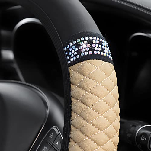 Bling Steering Wheel Cover, Universal 15 Inch Soft Pu Leather With Colorful Rhinestones, Crystal Diamond Elastic Steering Wheel Protector, Sparkly Auto Accessories For Women Girl (Beige) #TOP2