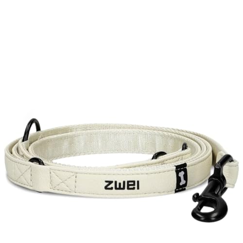 Hundeleine Leo LE20 für kleine bis mittelgroße Hunde bis 50 kg zugfest, 2m Lange Multifunktionsleine wetterfest, 3-Fach Größen verstellbare Leine, schöne pulverbeschichtete Karabiner (Off-White)
