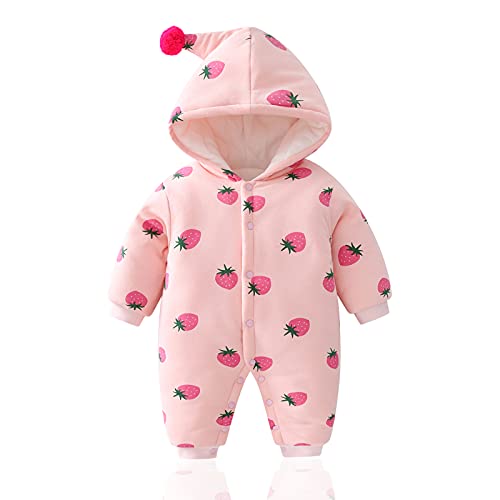 Bebé Traje de Nieve Mamelucos con Capucha Ropa Invierno Mono Fresa Manga Larga Algodón Abrigo Outfits Lindo Regalo Niñas 6-9 meses Cover