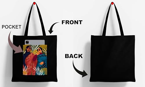 Image of ZORI Black Tote Bag With Pocket Printed Designed Canvas Tote Bags For Women large capacity,Tote bag For Shopping, College, Travel, More Canvas Handbag For Unisex Bag