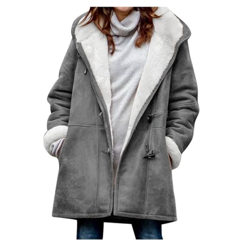 FPMLUXLL Womens Sherpa Lined Jacket Winter Fuzzy Faux Suede Hooded Coats Comfort Horn Button Down Jackets with Pockets