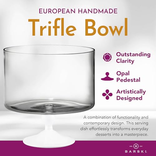 Barski European Large 170 oz Trifle Bowl - Glass Trifle Bowl on White Pedestal - 5 Quarts - 9.5 Inch Round Serving Bowl Decoration Dish - Layering Cake Plate Display Stand for Dessert, Fruit, Salad