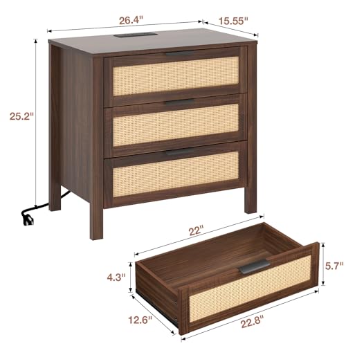 HOMMPA Rattan Night Stand with Charger Station Set of 2, 26'' Wide Boho Nightstand with 3 Drawer, Modern Bedside Table with Plug, Bed Side End Table Dresser with Open Shelf for Bedroom, Walnut - image 2