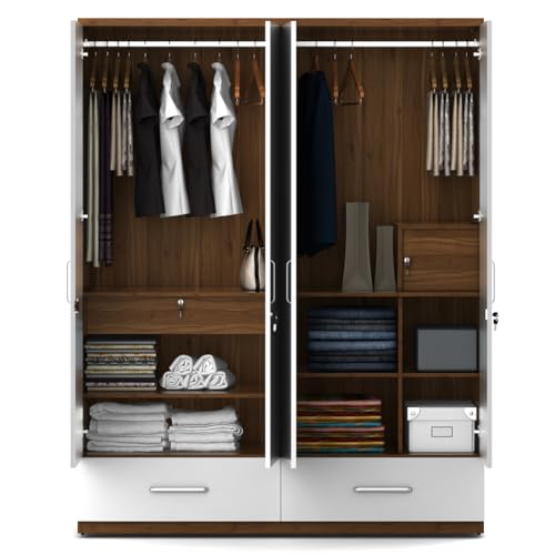 Image of Spacewood Apex 4 Door Wardrobe with Mirror | Frosty White Finish | Engineered Wood Almirah with 3 Drawers (1 Lockable), 2 Hanging Spaces & 1 Internal Locker | Bedroom Cupboard Almari | 3-Year Warranty