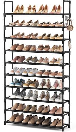 SPUSEN Shoe Rack, 10 Tier Shoe Storage Organizer with Hooks,Fit 40 Pairs Shoes,Metal Tall Shoe Shelf for Closet,Entryway,Garage,Bedroom,Cloakroom