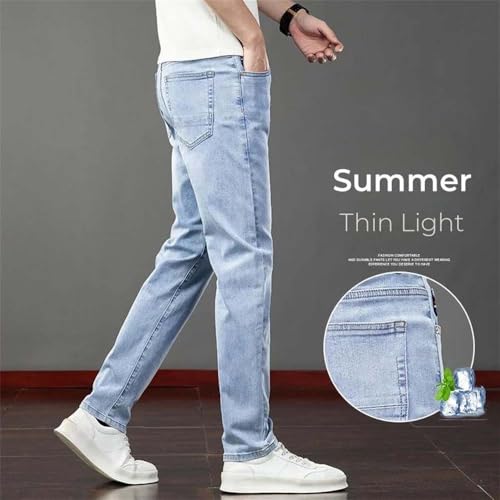 Hndudnff Men's Summer Thin Washed Jeans Slim Fit Elastic Straight Casual Business Denim Pants2