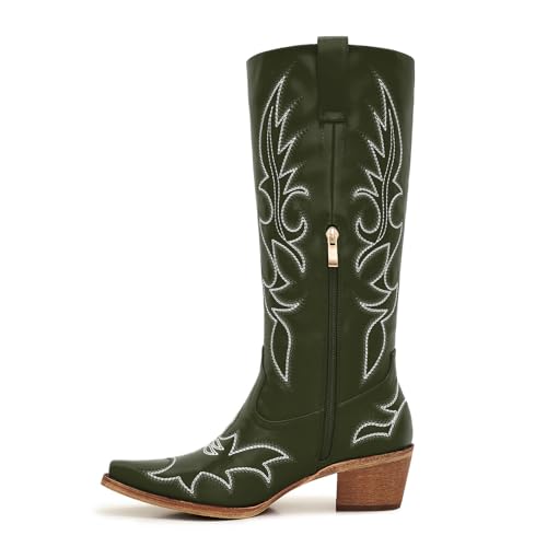 Image of Uillnoodu Women's Turquoise Cowgirl Boots - Wide Calf Mid Calf Western Boots Plus Size Embroidered Cowboy Style with Block Heel