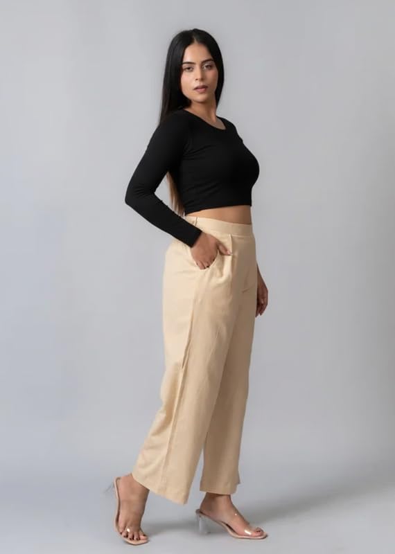 Image of Moirai Pure Cotton Wide Leg Women Trouser Stylish Mid Rise Relaxed Straight Fit Loose Pants Casual Travel Office Formal Wear