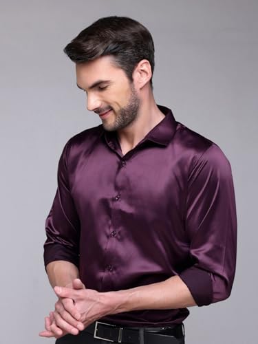 Image of IndoPrimo Men's Satin Shirt with Spread Collar Neck Line Solid Pattern Full Sleeves Regular Fit Western Style and Standard Length