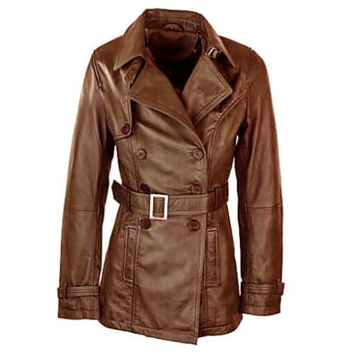 Women's Classic Brown Leather Trench Coat, Double Breasted, Belted