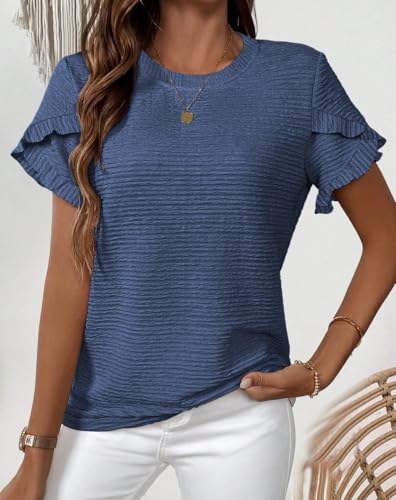 Womens Tops Casual Crew Neck Shirts Ruffle Short Sleeve Relaxed Textured Soft Cute Blouses for Women Summer Blouses2