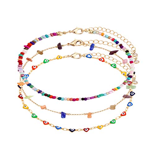 Image of Boho Beaded Ankle Bracelet Beach 18 K Gold Plated Anklet Bracelets Handmade Colorful Seed Beads Butterfly Evil Eye Heart Link Chain Anklet Pack Cute Summer Foot Jewelry for Women