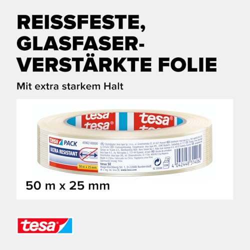 tesapack Ultra Resistant Filamentband - Ultra starkes Premium-Klebeband, glasfaserverstärkt - für schwere Kartons bis zu 30 kg und zur Transportsicherung - 50 m x 25 mm - Transparent