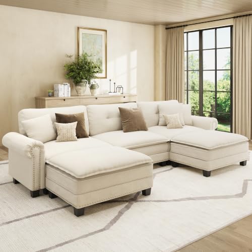 Image of HERA'S HOUSE 116 inch Oversized U Shaped Modular Sectional Couch Living Room | Mid-Century Modern 5-Seater Cloud Sofa, Beige, Rolled Arms & Nailhead Trim, Wider & Deeper Seats, Ottoman, Linen