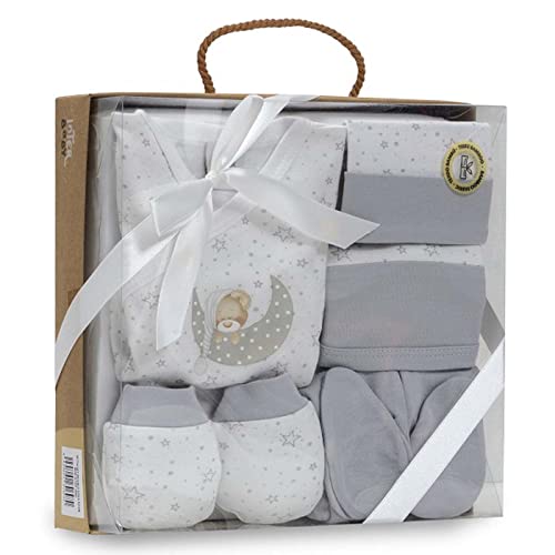 Various Set Regalo Primera Puesta Bebe Recien Nacido 5 Piezas.Conjunto Primera Puesta Bebe Con Chaquetita.Polaina,Gorro,BaberoYManoplas.100% Algodon.modelo Sleep Gris Cover