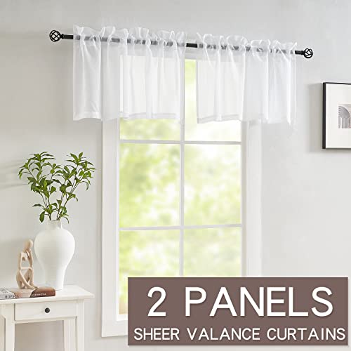 White Sheer Valance Curtains For Windows, 18 Inch Length Semi Sheer Linen Look Rod Pocket Window Valances, 2 Panels Kitchen Curtain Valances For Bathroom/Basement/Dining Room/Bedroom, 52X18 Inch #TOP1