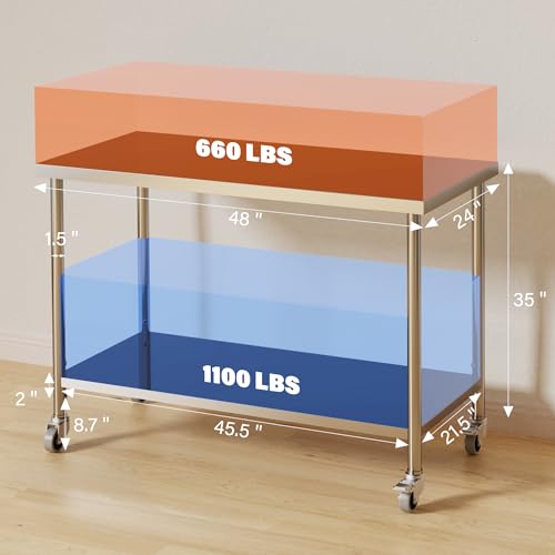 Stainless Steel Table, 48" x 24" Prep Workstation, 1000 LBS, NSF Commercial Work Table with Adjustable Undershelf and Lockable Casters, for Restaurant, Home, Kitchen, Hotel, Outdoor