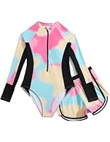 JiAmy Mädchen Badeanzug Zweiteiler Set, Langarm UV Schwimmshirt mit Badehose, Krawattenfärbung Sport Schwimmanzug für 11 Jahre, Rosa (Etikett:11Y)