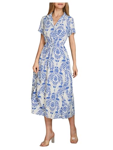 Image of Milumia Women's Floral Print Button Short Sleeve Midi Dress Drawstring Waist Summer Dresses