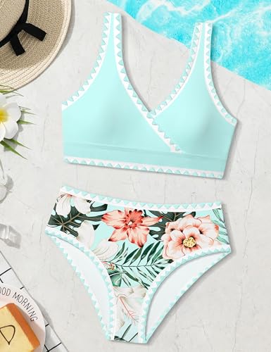 Image of KANGKANG Girls Swimsuit Bikini Set Solid Color V-Neck Two Piece Bathing Suit with Chest Pad Adjustable Straps Swimwear 7-16T