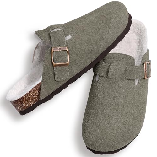Image of KIDMI Women's Fur Lined Genuine Suede Clogs Fuzzy Cork Footbed Potato Shoes | Adjustable Metal Buckle, Non-slip Rubber Soles, Cushioning, Cozy and Warm, Supportive, Indoor, Outdoor, Winter, Casual