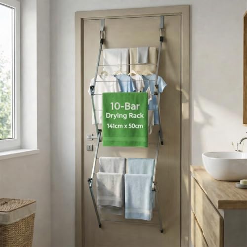 HomlyPro Over Door Clothes Drying Rack, 10 Bar Foldable Hanging Drying Rack, Space Saving Laundry Organizer, Heavy Duty Clothes Airer Indoor & Outdoor Garment Storage Solution (Grey)