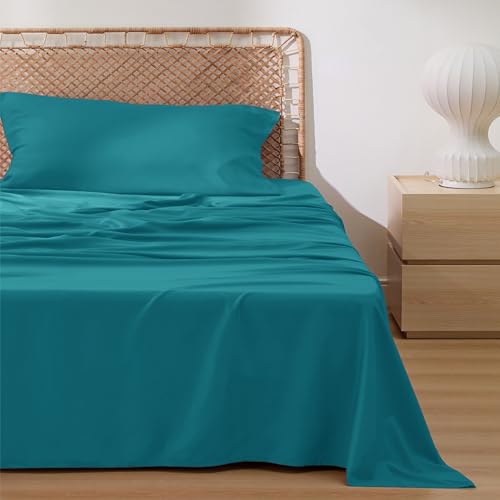 Image of Bedsure Cooling Sheets Twin, Rayon Derived from Bamboo, PureWoven, Breathable & Soft Twin Sheets Set, Deep Pocket Up to 16 Inches, Hotel Luxury Silky Bedding for Hot Sleepers, Turquoise