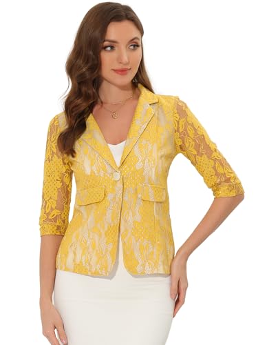 Women's Bussiness Casual Blazers Floral Lace 3/4 Sleeve Single Button Elegant Blazer Suits