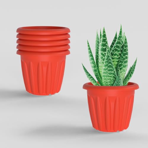 Image of YUCCABE ITALIA SHERA Floot 6 Inch Plastic Flower Pot 6 Piece Set of Round Shape Planter for Home Garden Seedling Planter for pots (Red)