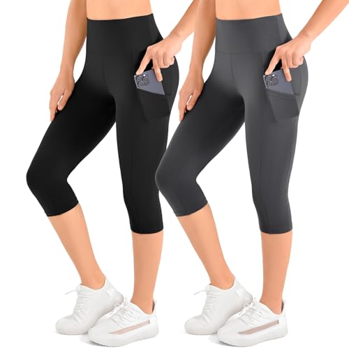 Leafigure 2-Pack High Waist Capri Yoga Leggings with Pockets for Women