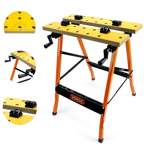 Verda Klappbarer, robuster Werkbank mit 150 kg Tragkraft – Stabiler, höhenverstellbarer und multifunktionaler Arbeitstisch mit Spannbacken – Faltbare und Mobile Werkbank für Heimwerker & Profis