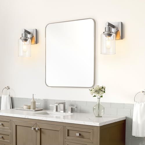 Image of Bathroom Wall Sconces Set of 2,Brushed Nickel Wall Sconce,Vanity Light with Clear Glass Wall Mounted Light Fixture,Farmhouse Wall Lamp for Bedroom Living Room Mirror Hallway
