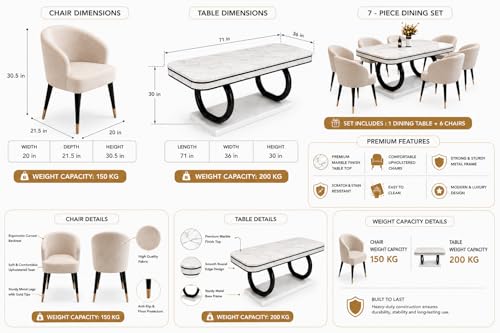 Image of WOODEN SPACE 6-Seater Wooden Dining Table Set | Nano Composite Marble Top | Solid Wood Base | Modern Dining Room Furniture with 6 Chairs (Lexus ClassicBeige)