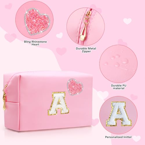 Personalized Initial Makeup Bag with Bling Heart Preppy Cosmetic Bag Cute Toiletry Travel Bag For Teen Girls Women Letter Makeup Pouch Purse for Holiday Birthday Christmas Gifts (A, Pink)3