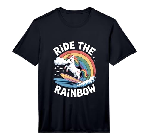 Mens Ride The Rainbow Unicorn Surfboard Wave Performance T-Shirt