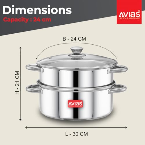 Image of Avias Spectra Stainless Steel Steamer / 24cm for Cooking Vegetable Idli Modak Momo with Strong Side Handles for Easy Use Food Steamer /Cookware Set of 1 / Shiny Mirror Finish / 24cm