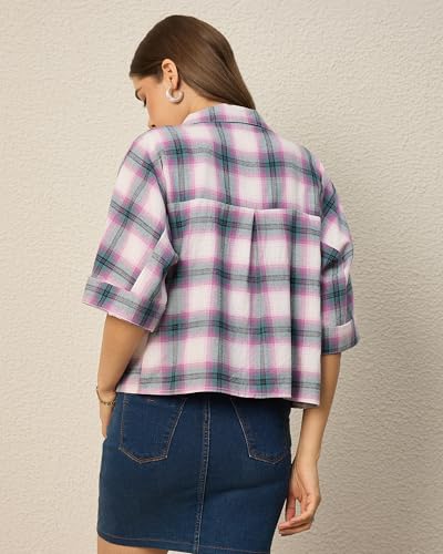 Image of Chimpaaanzee Women Checks Half Sleeve Crop Shirt