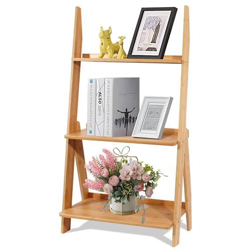 DOUSY-3-Tier Ladder Shelf, Bamboo Ladder Bookshelf Leaning Bookcase Trapezoid Bookshelf Storage Rack...
