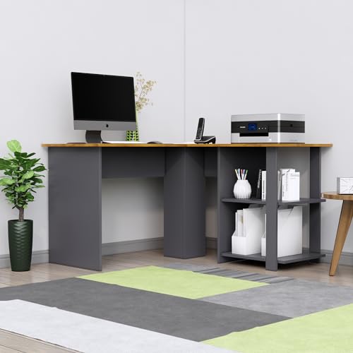 Image of Bniture Wooden Study Table for Home | Engineered Wood Study Table with Shelf Storage | L Shape Multi Purpose Computer Desk for Writing & Study | Laptop Table for Study Room | Slate Grey & Giant Wood