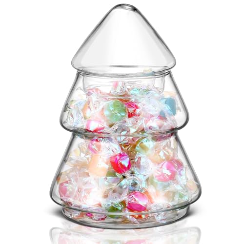 Sliner Christmas Tree Candy Jars Glass Cookie Jars with Lids Lovely Christmas Tree Jar Bowl Food Storage Container for Xmas Festival Holiday Party Gift Table Decoration (Clear,5.71 x 3.94 Inch)