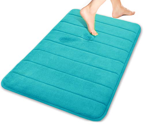 YimobraMemory Foam Bath Mat Large Size 31.5 by 19.8 Inches, Soft and Comfortable, Super Water Absorption, Non-Slip, Thick, Machine Wash, Easier to Dry for Bathroom Floor Rug, Lake Blue